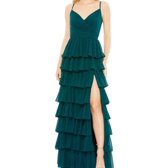 Mac Duggal Deep Green Tiered Ruffle Empire Waist Chiffon Gown